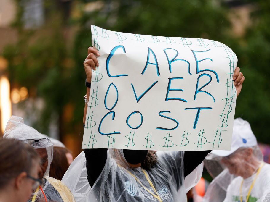 Health care advocates protested care denials at UnitedHealthcare on July 15, 2024, in Minnetonka, Minn. The shooting of UHC CEO Brian Thompson has sparked an outcry online over issues with the U.S. health care system.