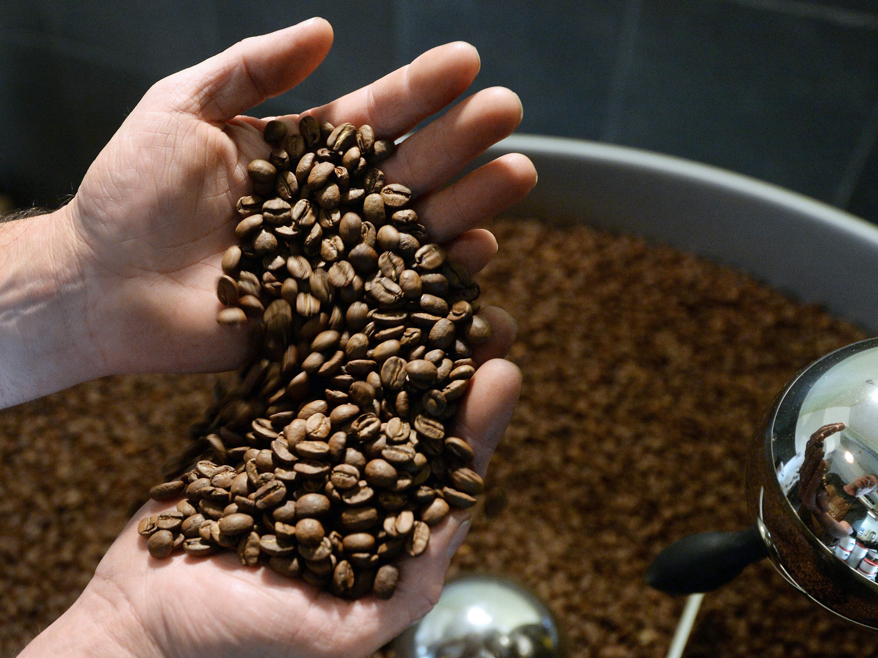 A roaster holds coffee beans ready to be ground. The cost of raw, or green, coffee has soared following a drought in top-grower Brazil.