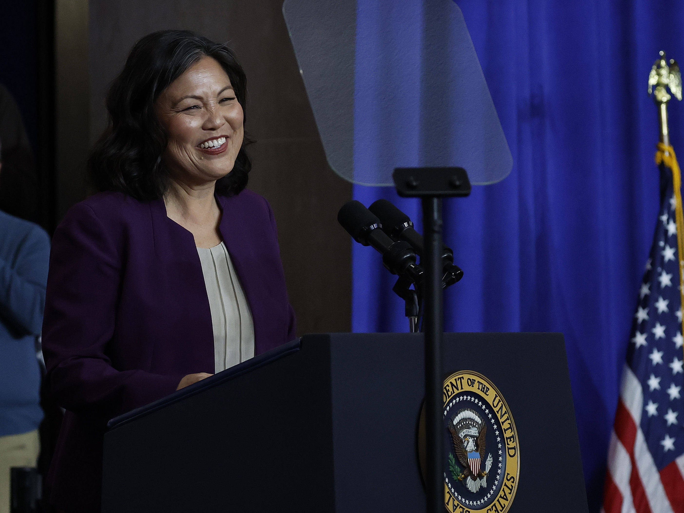 Acting U.S. Secretary of Labor Julie Su introduces President Biden during a ceremony Monday at the Department of Labor. Biden signed a proclamation to establish the Frances Perkins National Monument in Maine.