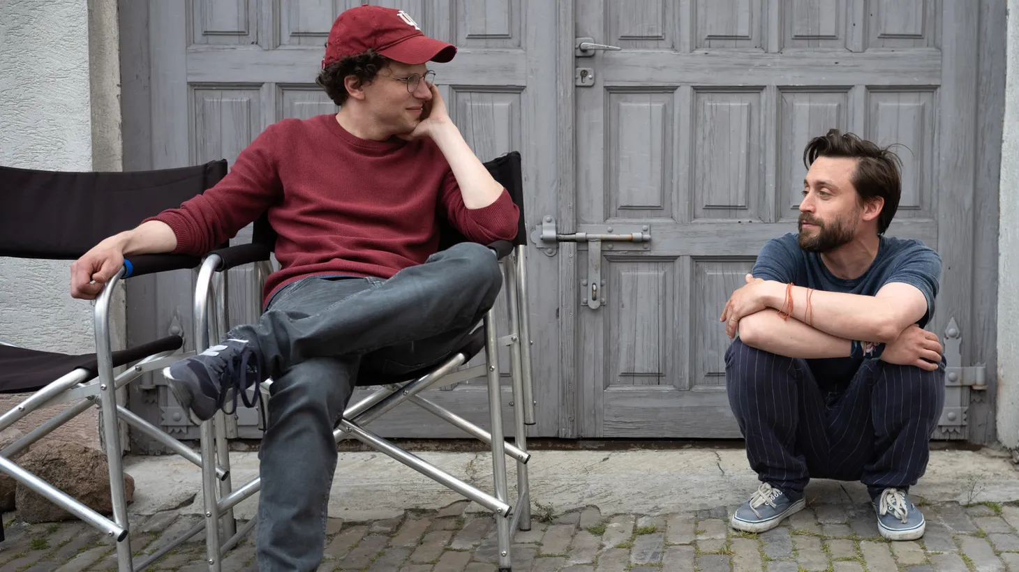 Jesse Eisenberg and Kieran Culkin on the set of A REAL PAIN.